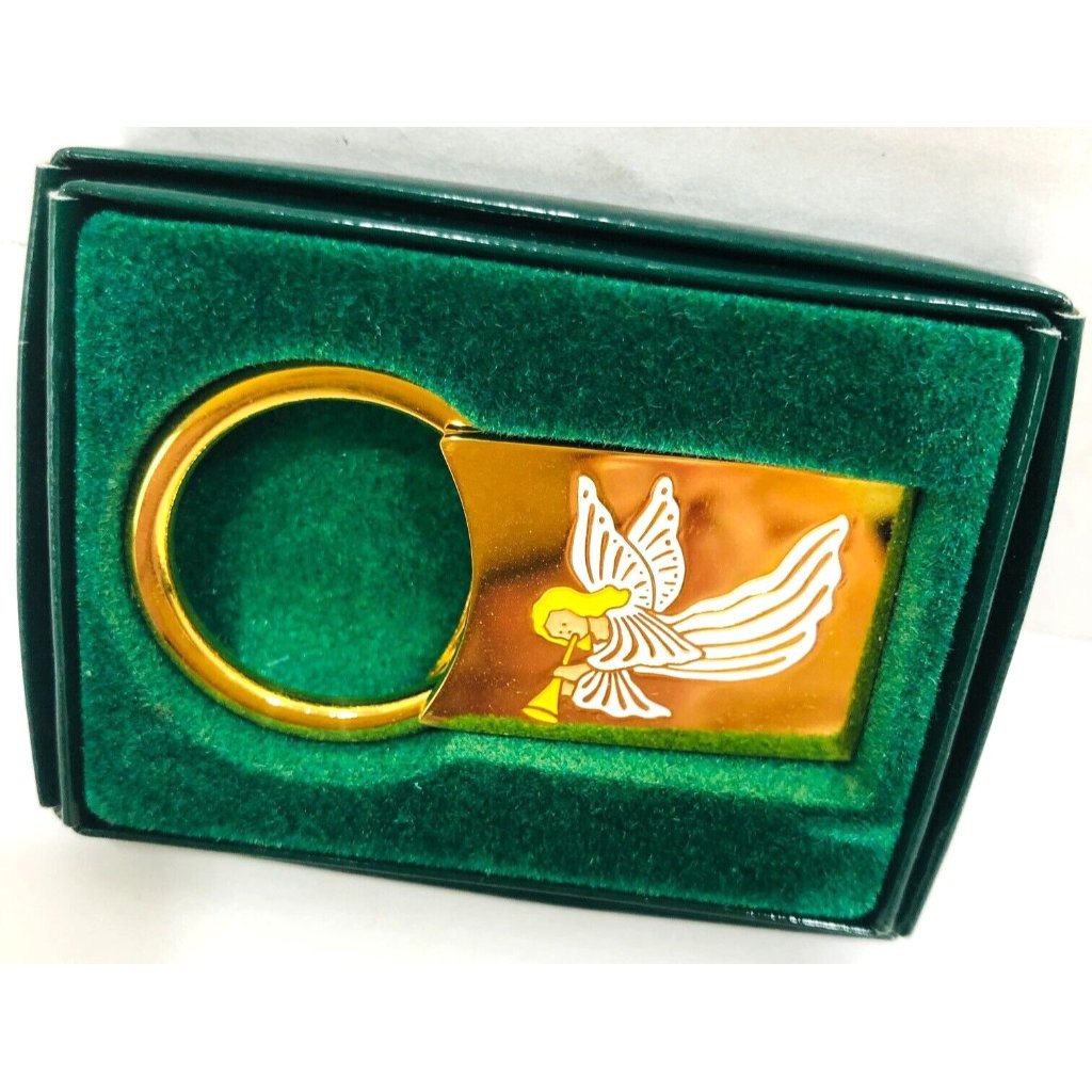 Nib Brass Angel Keyring Trumpet Key Chain Gold Plated Gift Box Heaven Christmas